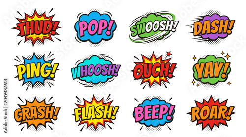 Dynamic colorful comic onomatopoeia bubbles for graphic design.