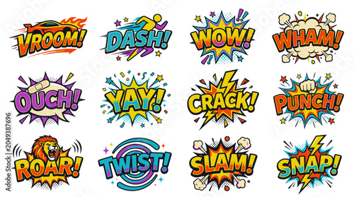 Dynamic comic action words and colorful explosion bubbles.