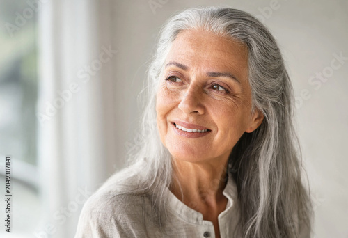 Portrait of a beautiful senior woman with long grey hair smiling