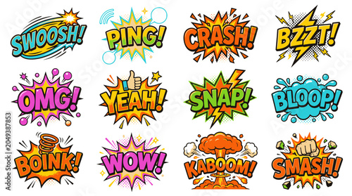 Dynamic comic book action sound words in colorful speech bubbles.