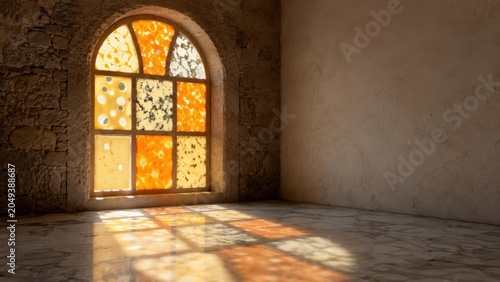 Surreal Conceptual Architecture Featuring Stained Glass Window Made of Assorted Cheese Varieties in a Rustic Stone Interior with Sunlight Reflection