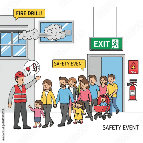 A group of people evacuate a building during a fire drill