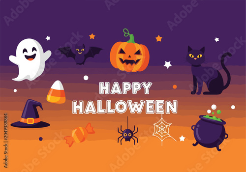 Fotografie A Halloween scene with ghost, pumpkin, and cat