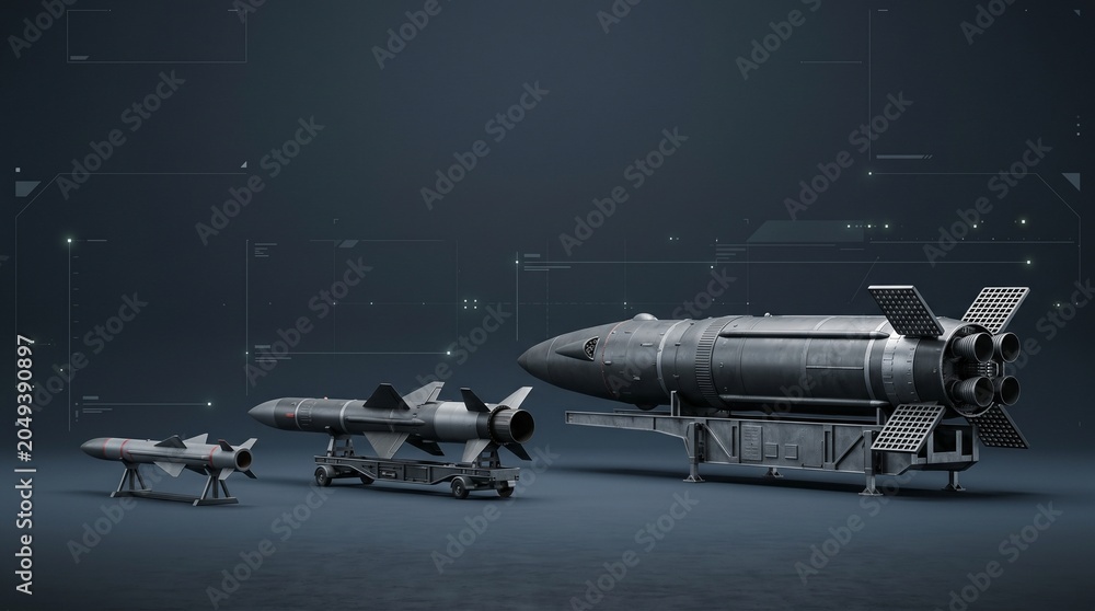 Fototapeta premium Defense Technology Drone and Missile System Studio Showcase Display