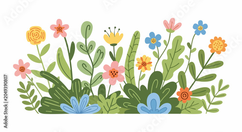 Colorful floral arrangement with hand drawn spring flowers and green leaves.
