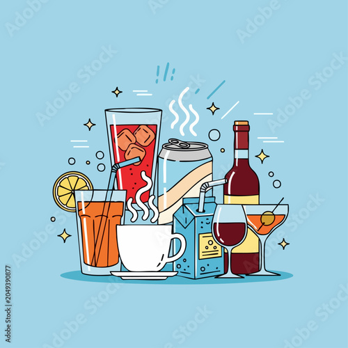 Colorful Collection of Assorted Beverages and Drinks Illustration.