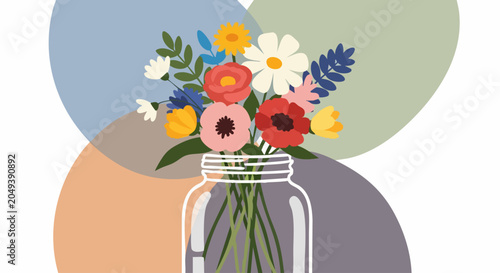 Beautiful colorful wildflower bouquet in a glass mason jar illustration.