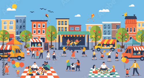 Cuadro en lienzo A vibrant outdoor festival with people enjoying food, music, and activities (1)