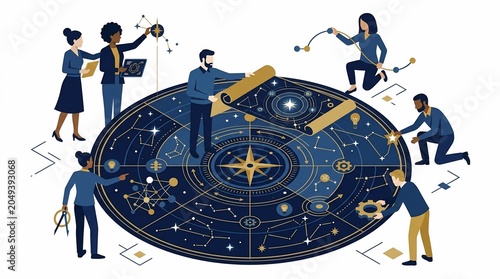 Diverse Team Collaborating on a Large Celestial Navigation Map.
