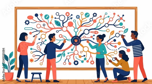 Diverse Team Collaborating on a Large Colorful Mind Map on a Whiteboard.