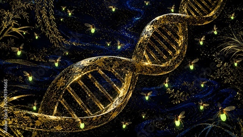 Glowing Fireflies Surrounding a Golden DNA Helix in Traditional Japanese Makie Art Style, Generative AI