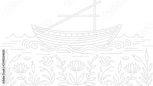 A serene boat floats on water surrounded by aquatic plants and flowers  peaceful scene