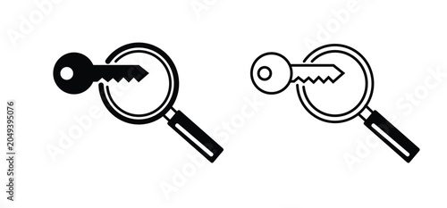 Keyword research vector icons, magnifying glass with key, SEO analysis symbol set