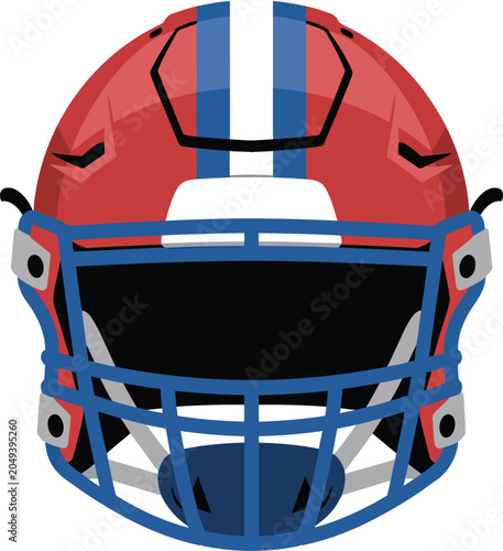 Flat of a red american football helmet with a blue face mask, white and blue center stripes, front view isolated