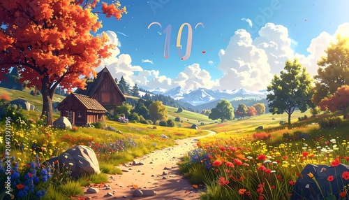 A serene landscape with a house, dirt road, and vibrant wildflowers