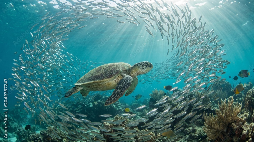 Obraz premium Sea turtle swimming with school of fish in vibrant coral reef