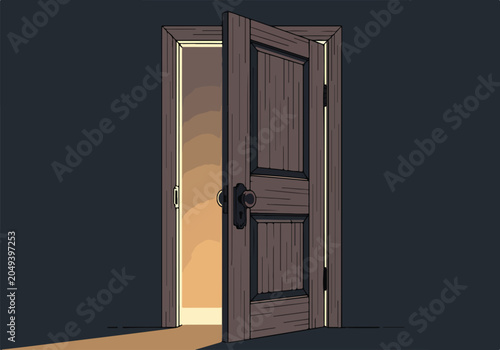 Foto An open brown wooden door with light emanating