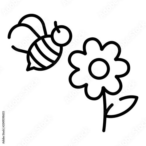 Bee and flower, pollination black line icon