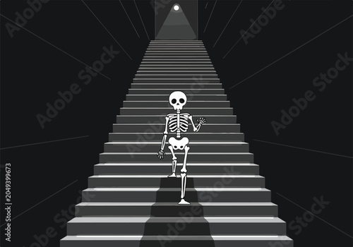 Foto A skeleton ascends a long staircase towards a light
