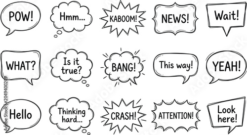 Foto Hand drawn comic speech bubbles collection with onomatopoeia and exclamations