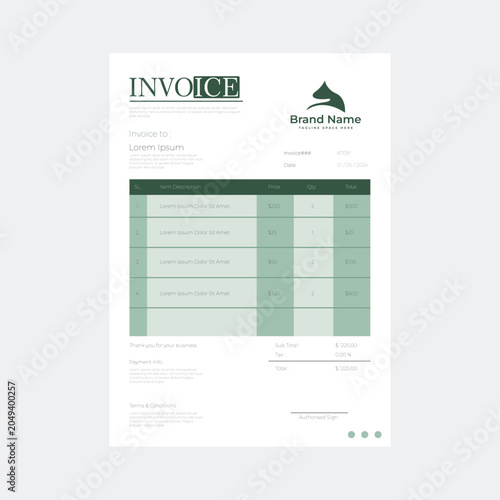 A modern and professional invoice template with a clean design. The layout features an orange and white color scheme, with placeholders for business details and billing information.