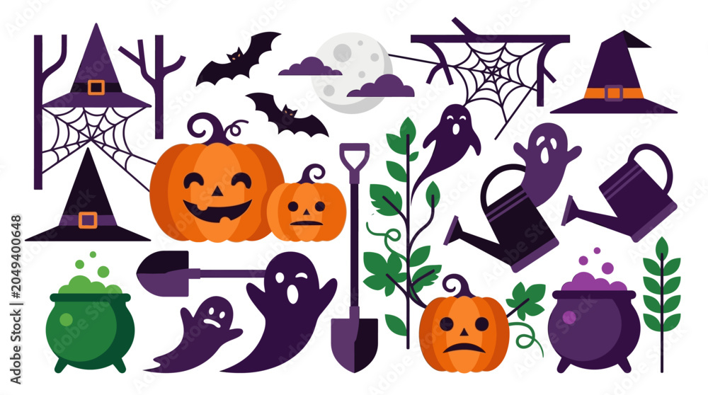 Obraz premium Flat Halloween vector illustration set containing carved jack-o'-lantern pumpkins, purple witch hats, ghosts, bats, spider webs, cauldrons with potion, and gardening tools.