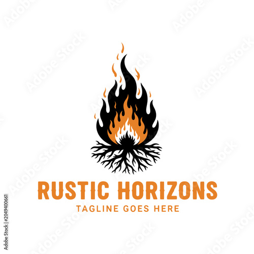 A symbolic bonfire logo design featuring organic tree roots and vibrant flames, perfect for outdoor adventure and camping brands.