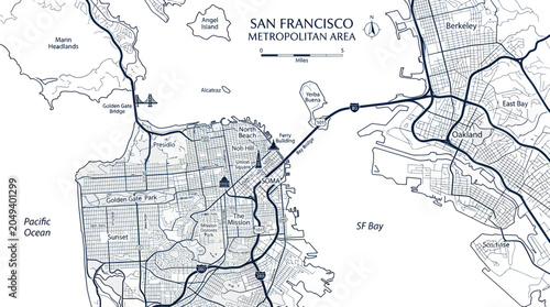 San Francisco Metropolitan Area Map: Bay Area Cities, Roads, Ocean, and Bay