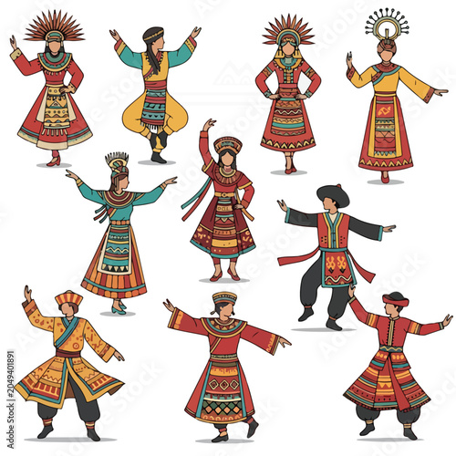 Schilderij op canvas A vibrant illustration of traditional dancers in colorful attire