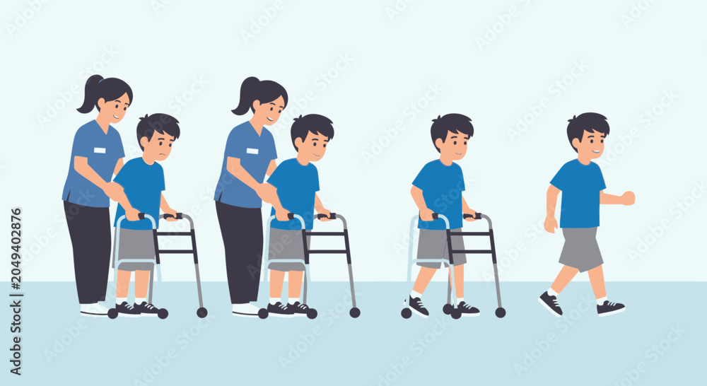 Obraz premium Child's Rehabilitation: Learning to Walk with Medical Support and Aids
