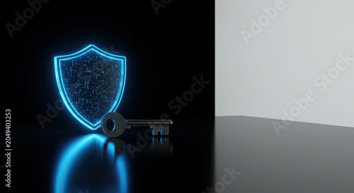 Cybersecurity concept with a glowing blue digital shield and a metallic key on a dark reflective surface