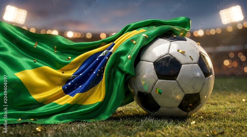 Naklejka premium Brazil flag wrapped around soccer ball on field