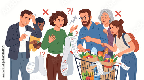 Cuadro en lienzo Illustration of a confused group of people standing around a shopping cart filled with groceries on a white background