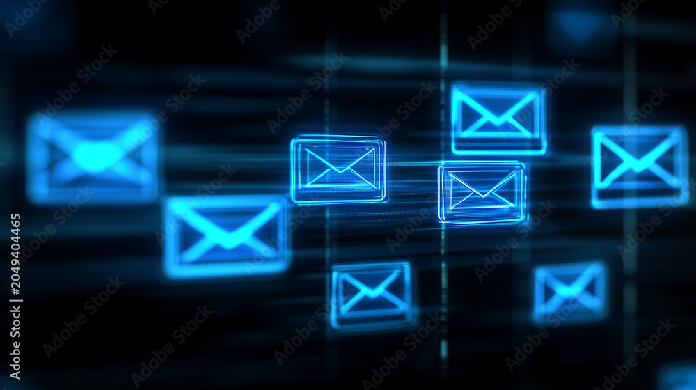 Fototapeta premium Abstract digital background featuring glowing blue email icons floating in dark cyberspace.