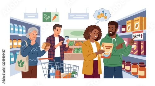 Bild auf Leinwand Illustration of diverse people shopping and comparing products in a grocery store aisle with a cart and shelves