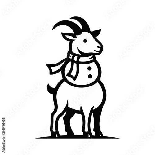 Goat snowman character with scarf. Whimsical winter line art icon. Black and white vector illustration isolated on transparent background