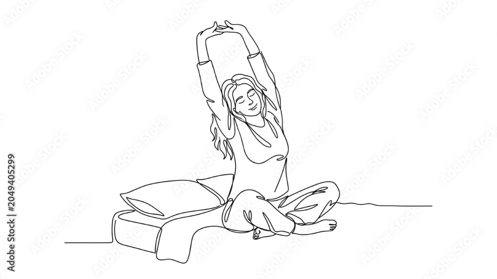 Obraz premium Black Continuous Line Art of Person Stretching After Waking Up – Healthy Morning Relaxation and Wellness Illustration