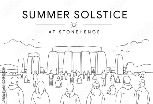 Fotografie Line art illustration of the Summer Solstice celebration at Stonehenge featuring visitors gathered around the prehistoric monument