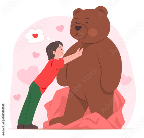 Happy Cheerful Kid Boy Glad to Receive a Big Teddy Bear as His Birthday Gift Concept Illustration Clip Art
