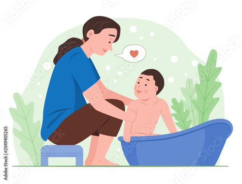 Mother Bathing Baby Son Outdoor in Bathtub in Garden for Childhood Healthcare and Family Relationship Concept Illustration Clip Art