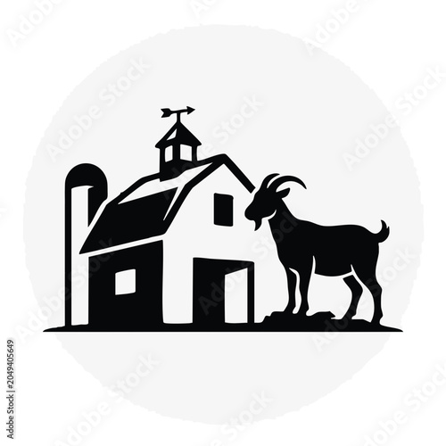 Goat and rustic barn silhouette badge. Farm life circular vector illustration