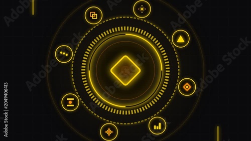 Yellow futuristic HUD digital interface with rotating data icons on black background
