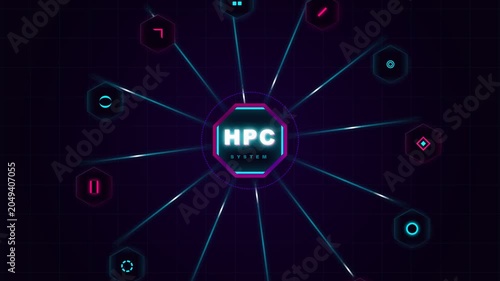 High performance computing system animation showing central HPC hub connecting data nodes with neon glowing lines.