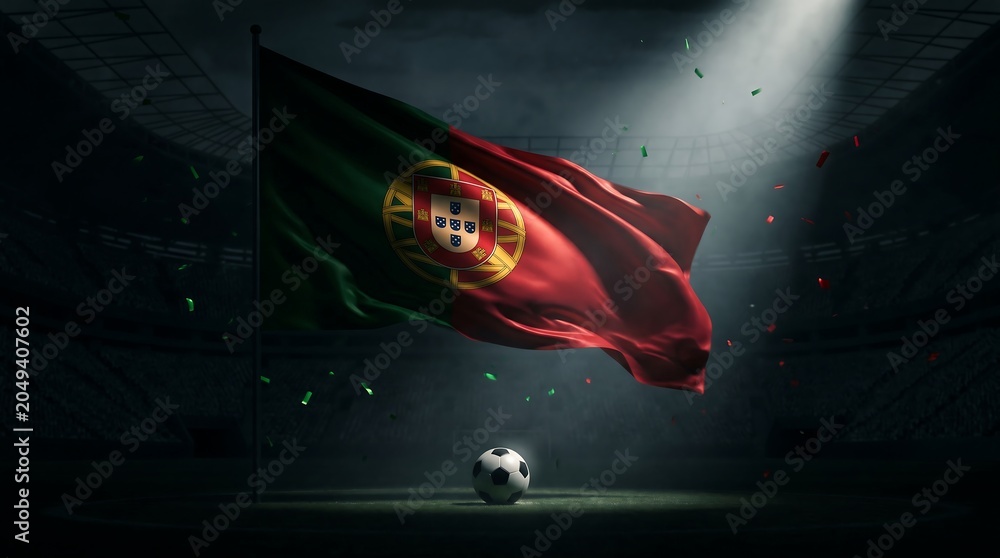 Naklejka premium Portugal flag waving in soccer stadium with ball