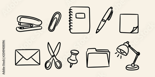 Office stationery doodle collection with hand drawn desk supply vector illustration