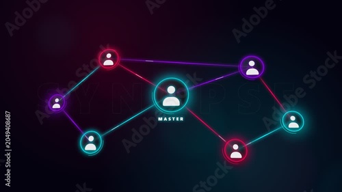 Neon network of human avatars glowing with dynamic lines illustrating a master node connection