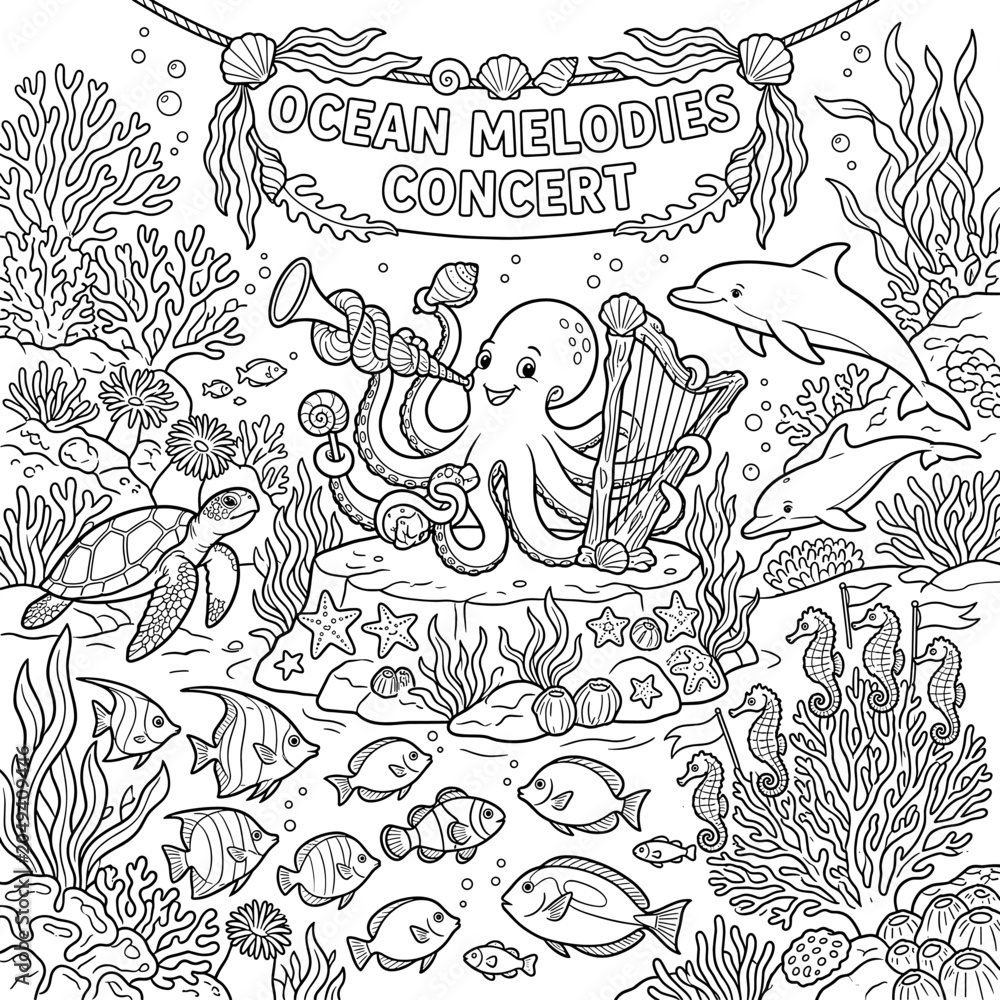 Obraz premium Ocean Melodies Concert Coloring Page for Kids