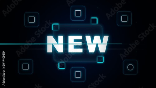 Futuristic digital animation of NEW text with blue HUD interface elements and glowing lines for technology launch.