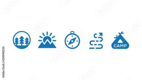 Outdoor Adventure and Camping Icons – Forest, Sunrise, Compass and Camp Badge Vector