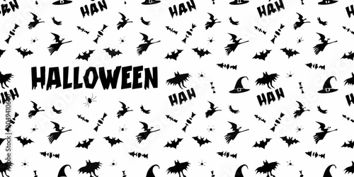 Halloween themed pattern with bats spiders and witch hats on white background